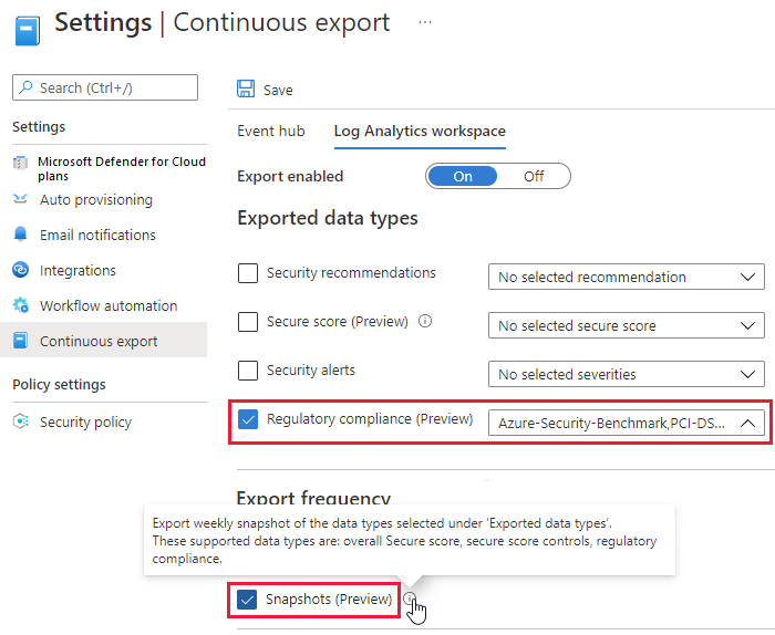 Screenshot that shows how to continuously export a weekly snapshot of regulatory compliance data.