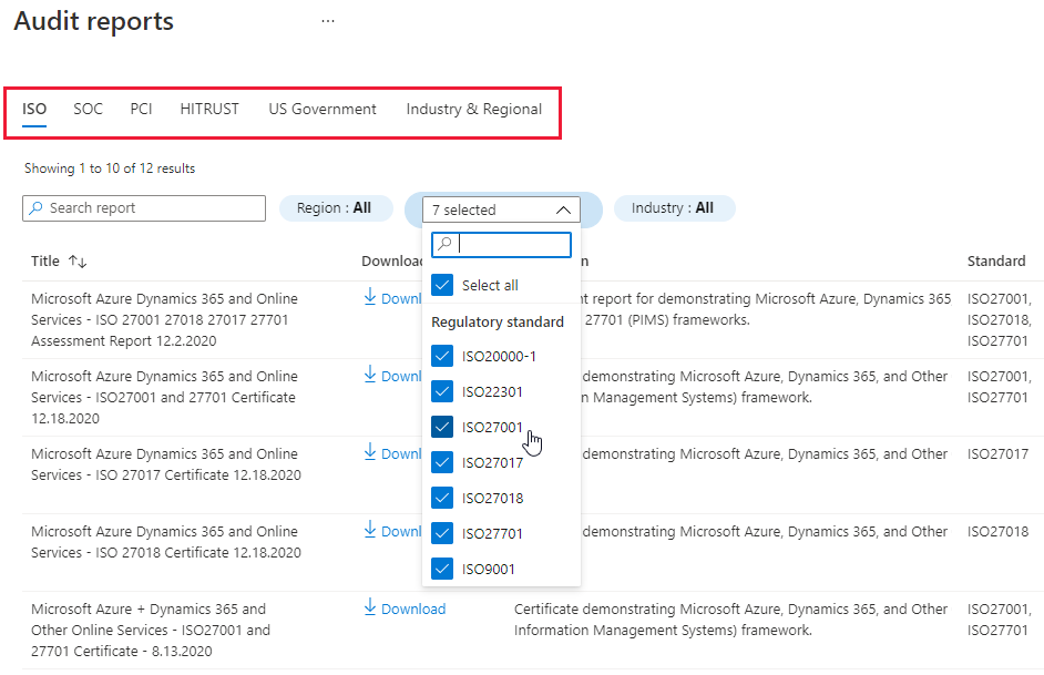 Screenshot that shows filtering the list of available Azure Audit reports using tabs and filters.