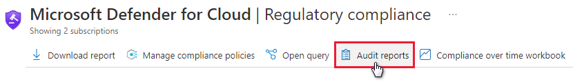 Screenshot that shows using the toolbar in Defender for Cloud's regulatory compliance dashboard to download Azure and Dynamics certification reports.
