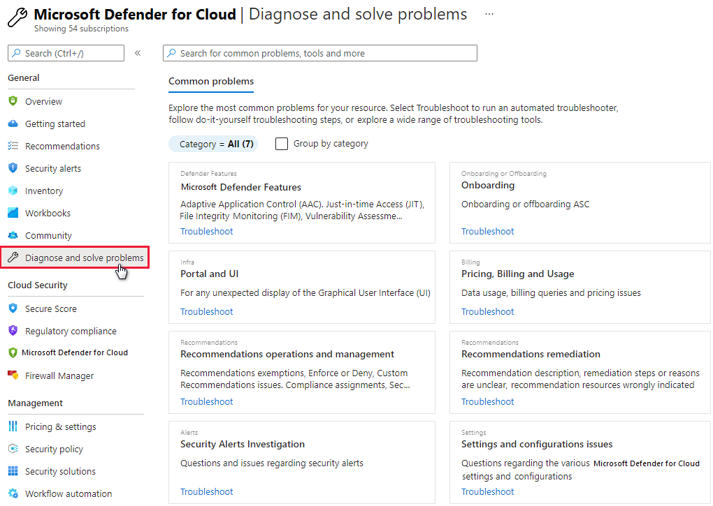 Screenshot of the Azure portal that shows the page for diagnosing and solving problems in Defender for Cloud.