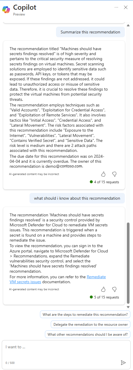 Screenshot of the Copilot window that shows the summary of the recommendation.