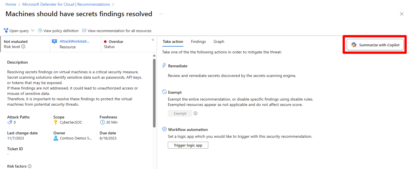 Screenshot of a recommendation that shows where the Summarize with Copilot button is located.