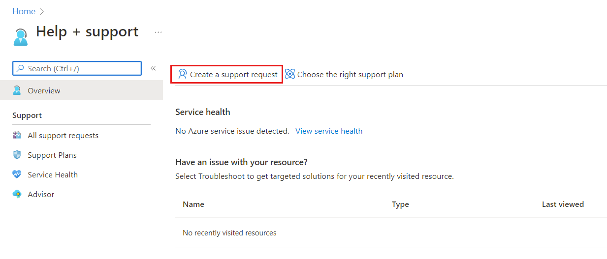 Screenshot of selections for creating a support request in the Azure portal.