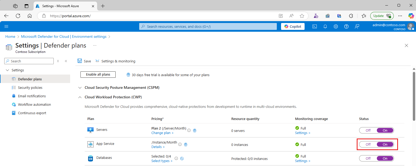 Screenshot that shows where on the Defender plans page to toggle the app service plan switch to on.