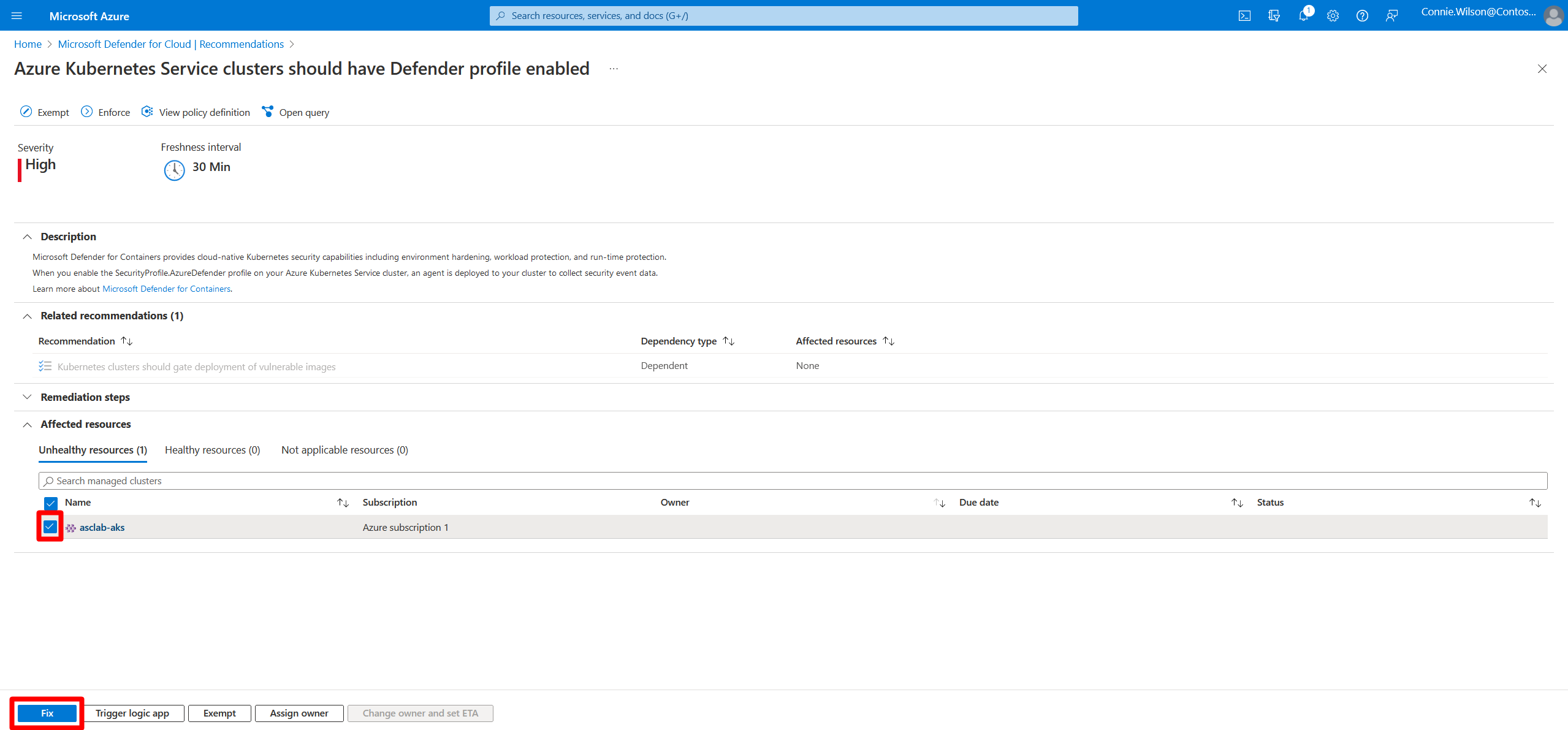 Screenshot of the recommendation with the affected resources selected that shows you how to select the fix button.