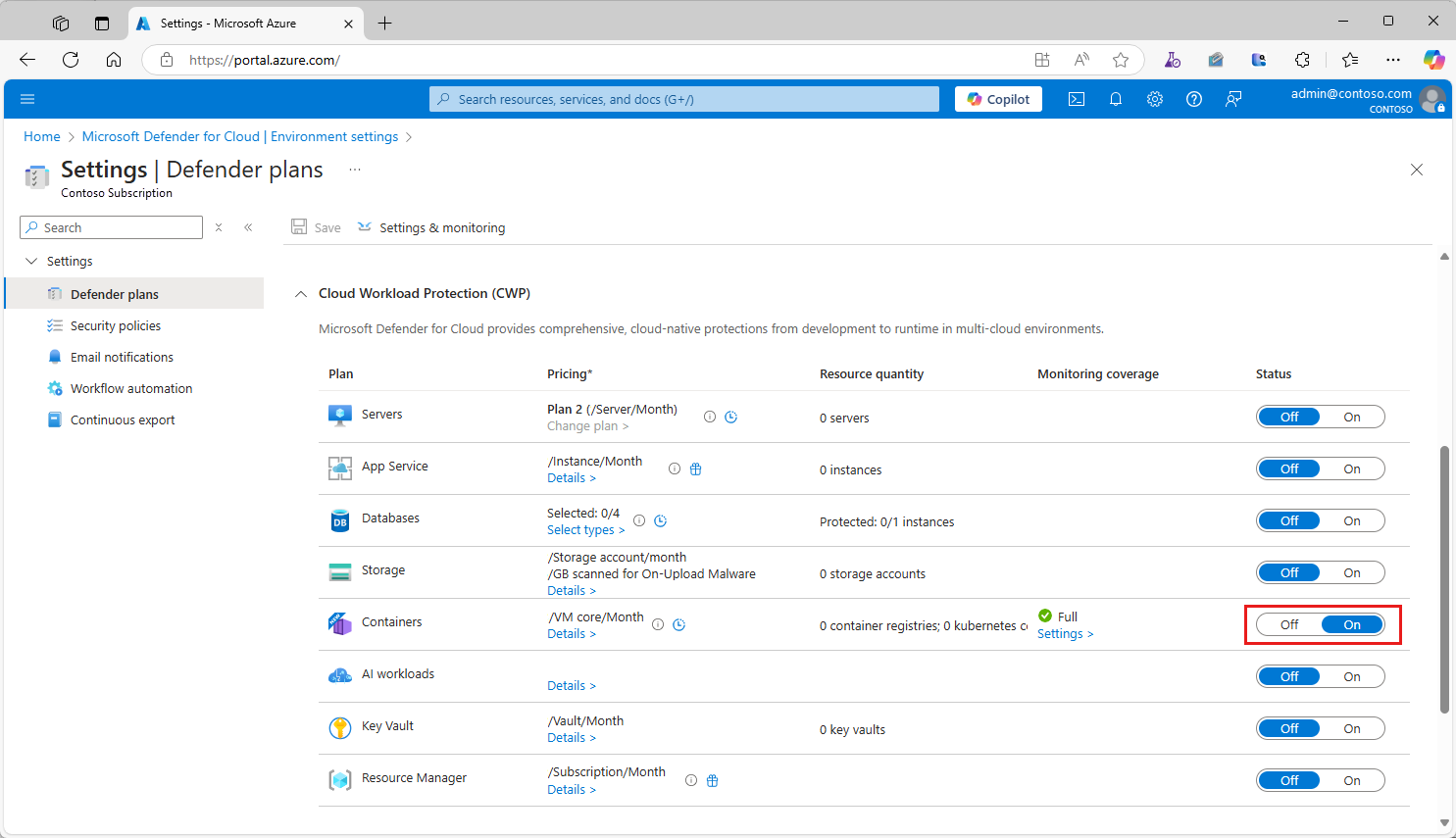 Screenshot of the Defender plans page that shows where to toggle the containers plan switch to on is located.