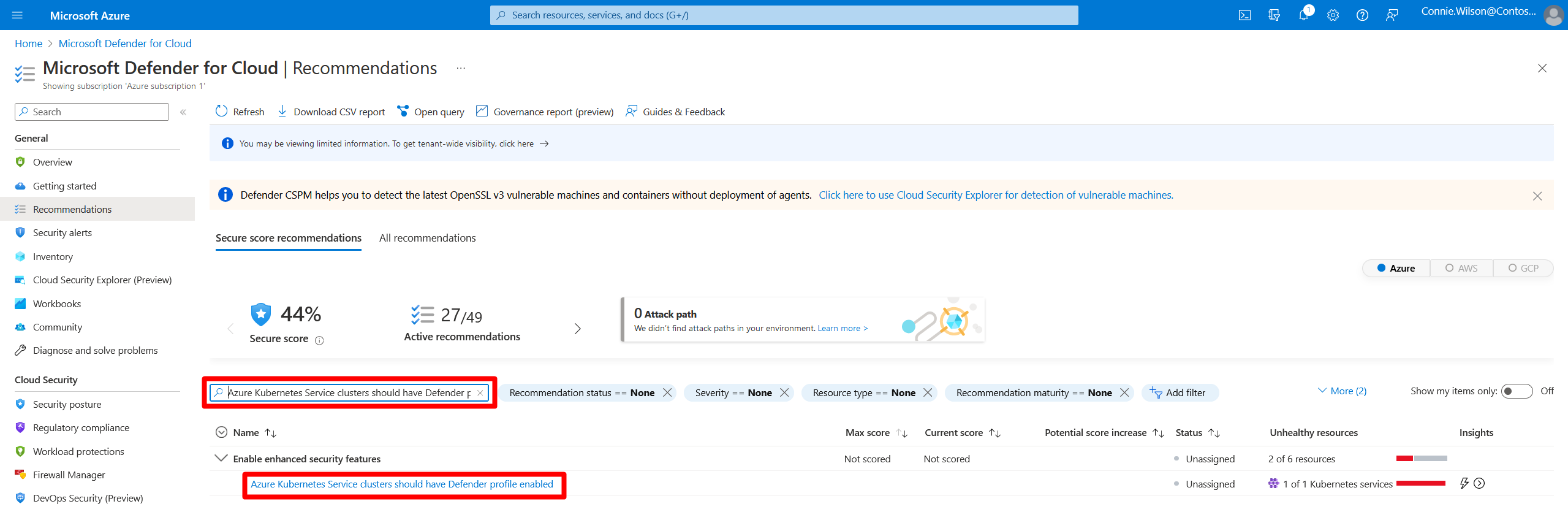 Screenshot of the recommendations page that shows where to search for and find the Azure Kubernetes service cluster recommendation is located.