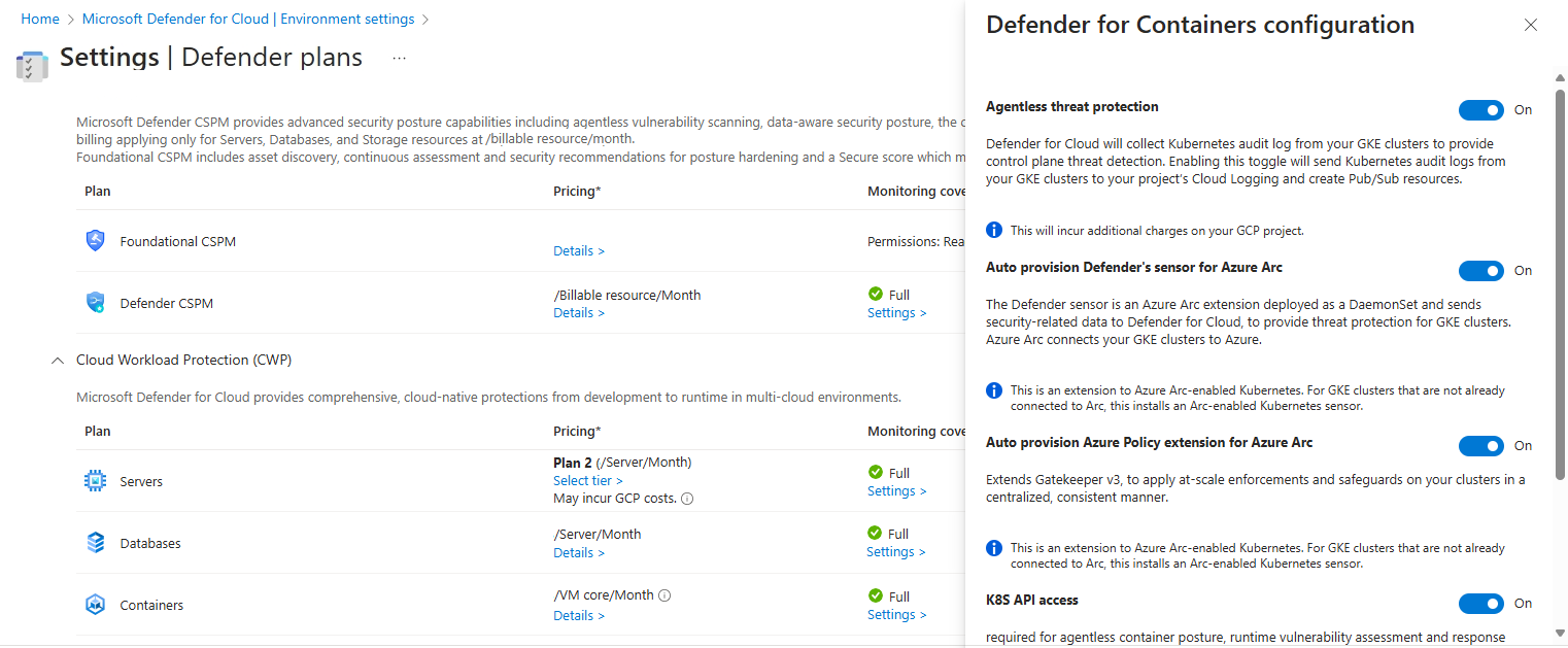 Screenshot of Defender for Cloud's environment settings page showing the settings for the Containers plan.