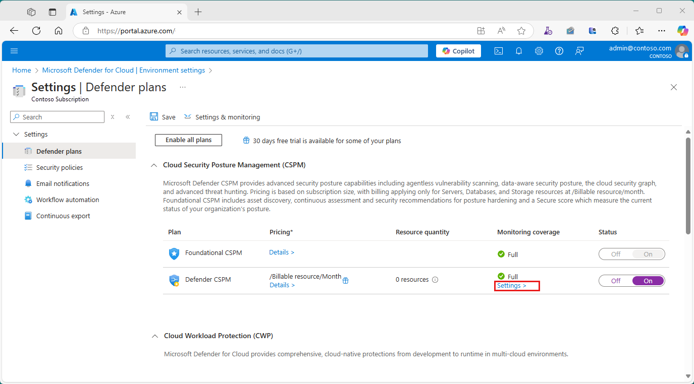 Screenshot of the Defender plans page that shows where to select the settings option.