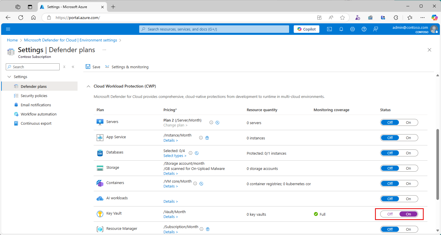 Screenshot of the Defender for Cloud plans that shows where to enable the key vault plan toggle.