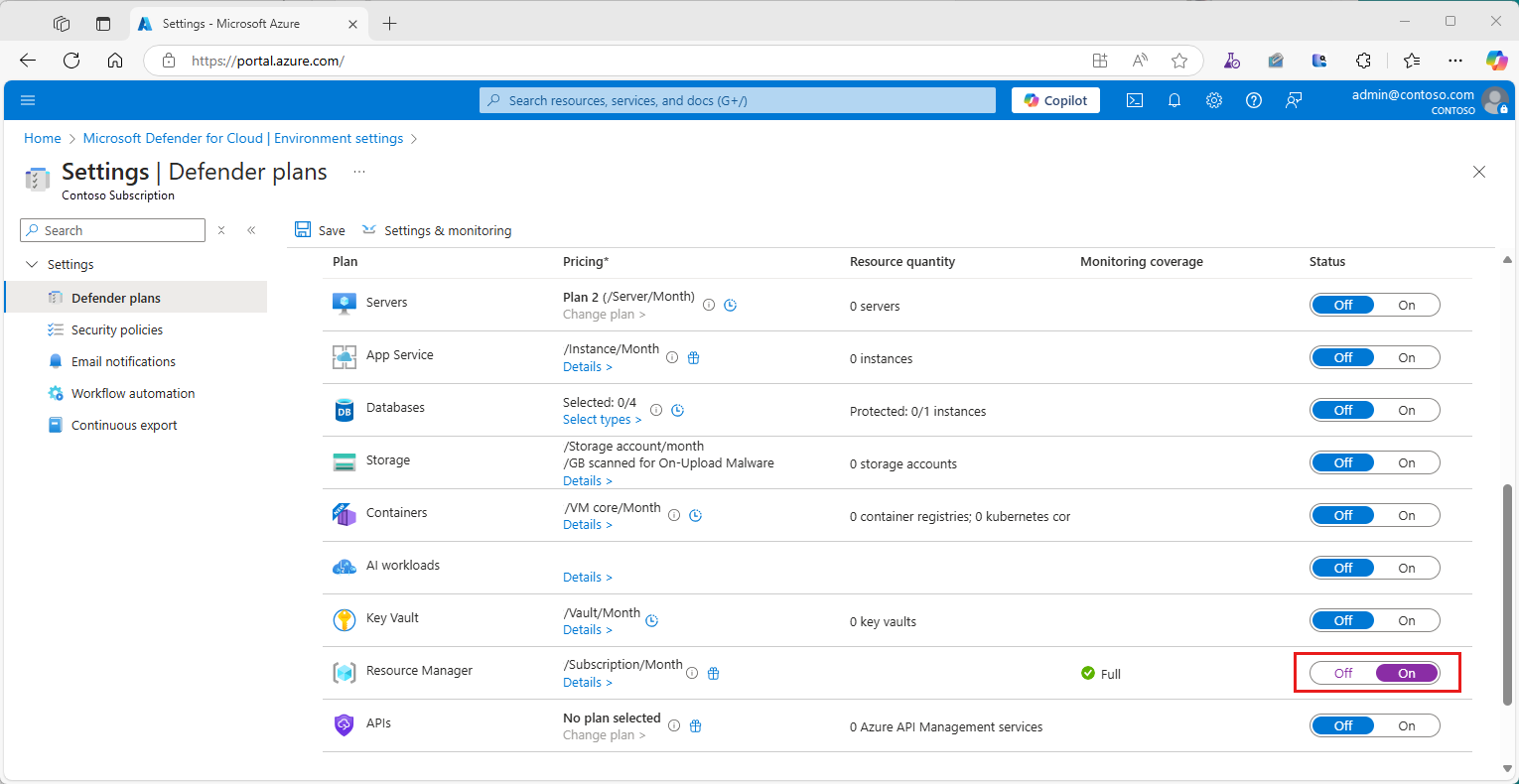 Screenshot of the Defender for Cloud plans that shows where to enable the Resource Manager plan toggle.