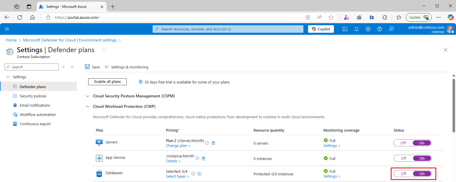 Screenshot that shows you where to select, to enable the databases plan.