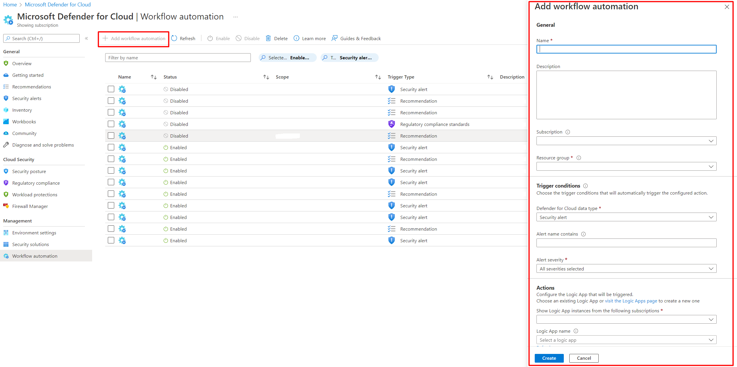 Screenshot that shows the Workflow automation pane.