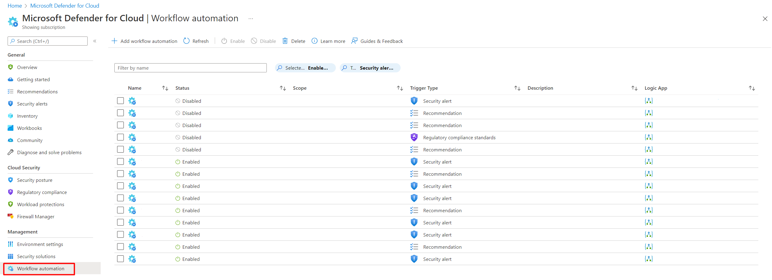 Screenshot that shows the workflow automation pane with the list of defined automations.