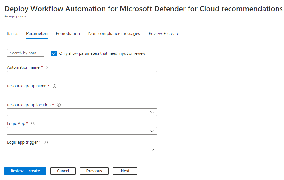 Screenshot that shows the Parameters tab.