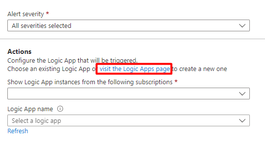 Screenshot that shows the Actions section of the Add workflow automation screen and the link to go to Azure Logic Apps.