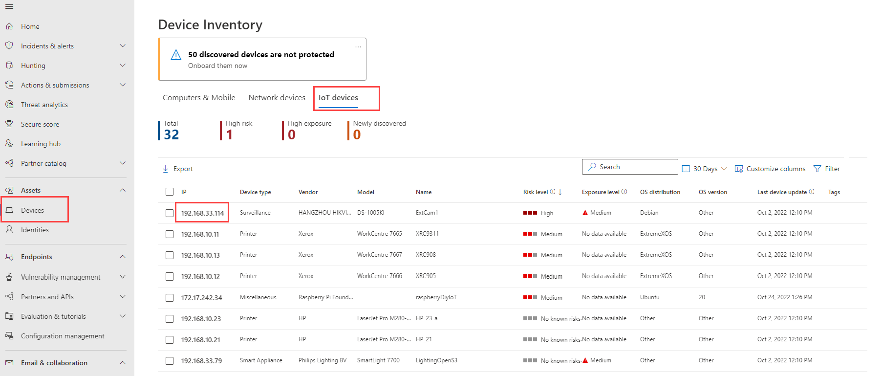 Screenshot of the IoT devices tab in Microsoft Defender XDR.