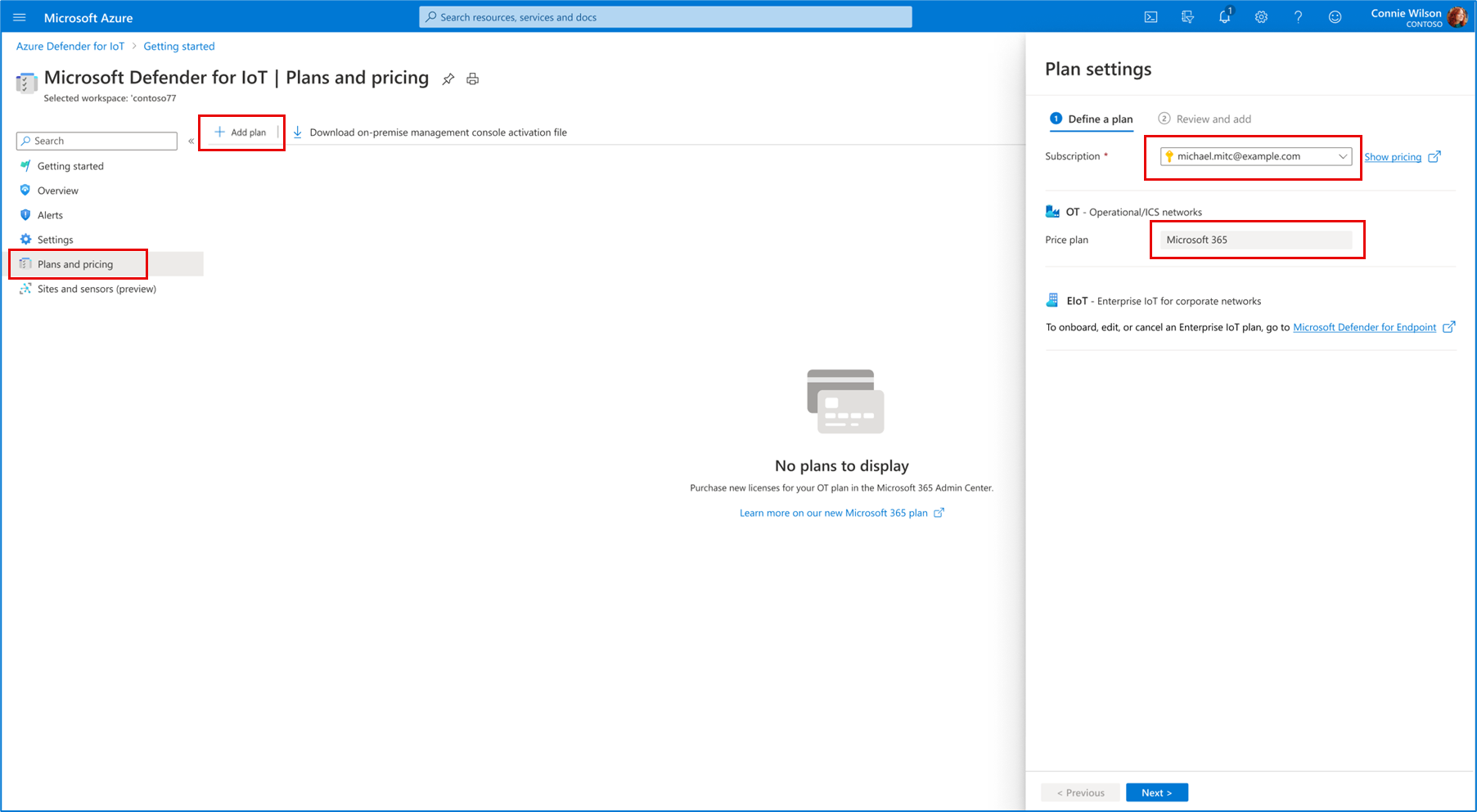 Screenshot of the Plan settings pane for completing the set up of a license and site for Defender for IoT in the Azure portal.