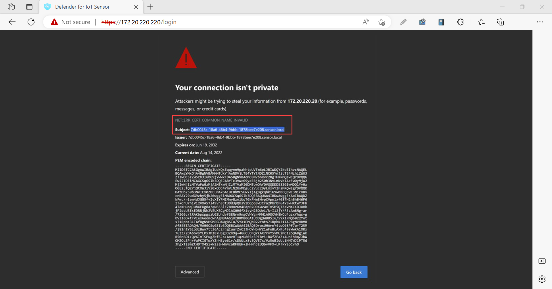 Screenshot of the connection isn't private screen with the details expanded.