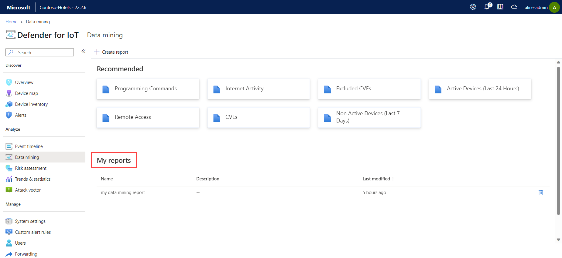 Screenshot of a list of customized data mining reports.