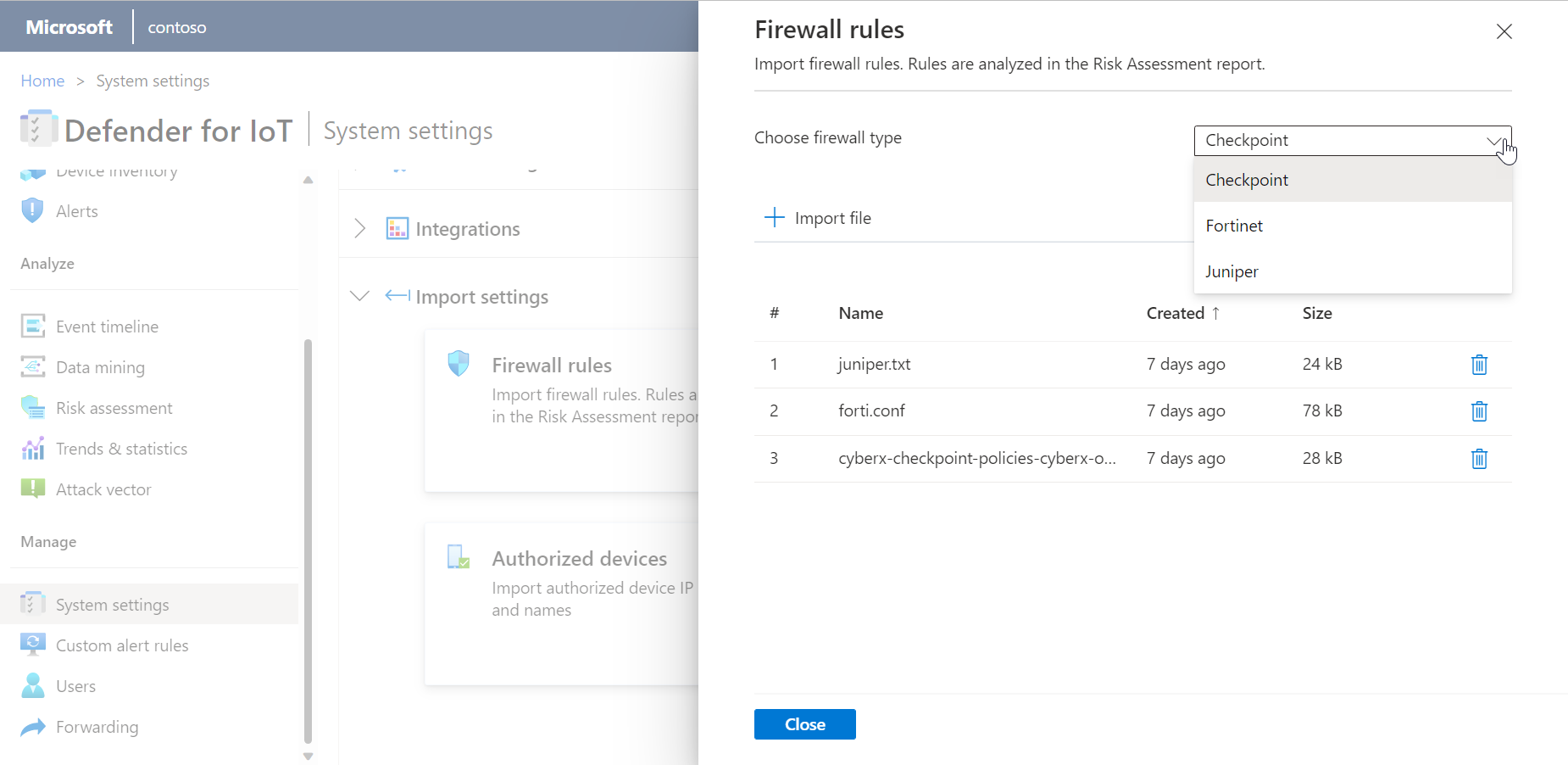 Screenshot of how to import firewall rules.