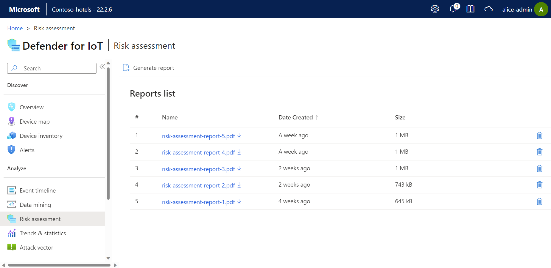 Screenshot of a list of risk assessment reports.