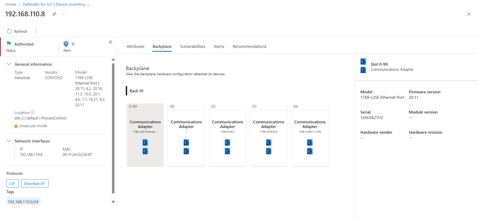 Screenshot of the backplane tab in on the full device details page.