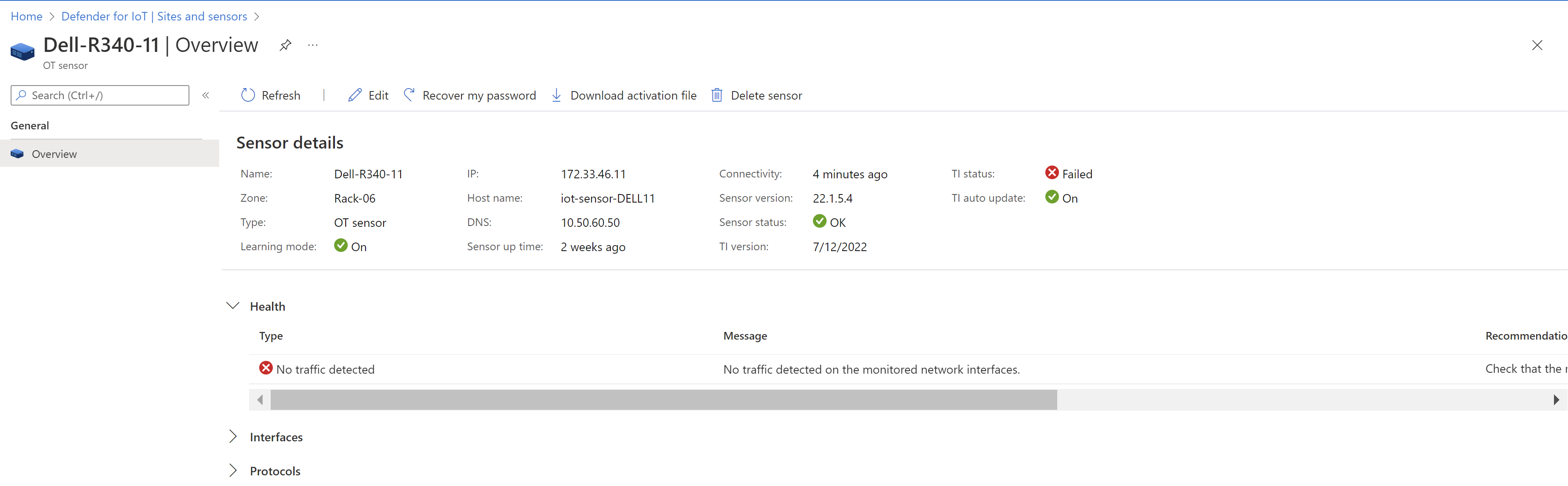 Screenshot of the sensor details page showing health information.