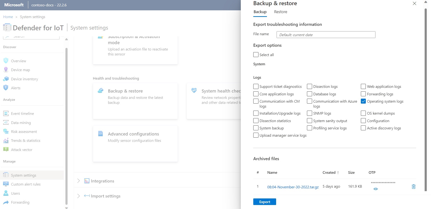 Screenshot of the export troubleshooting information dialog in the sensor console.