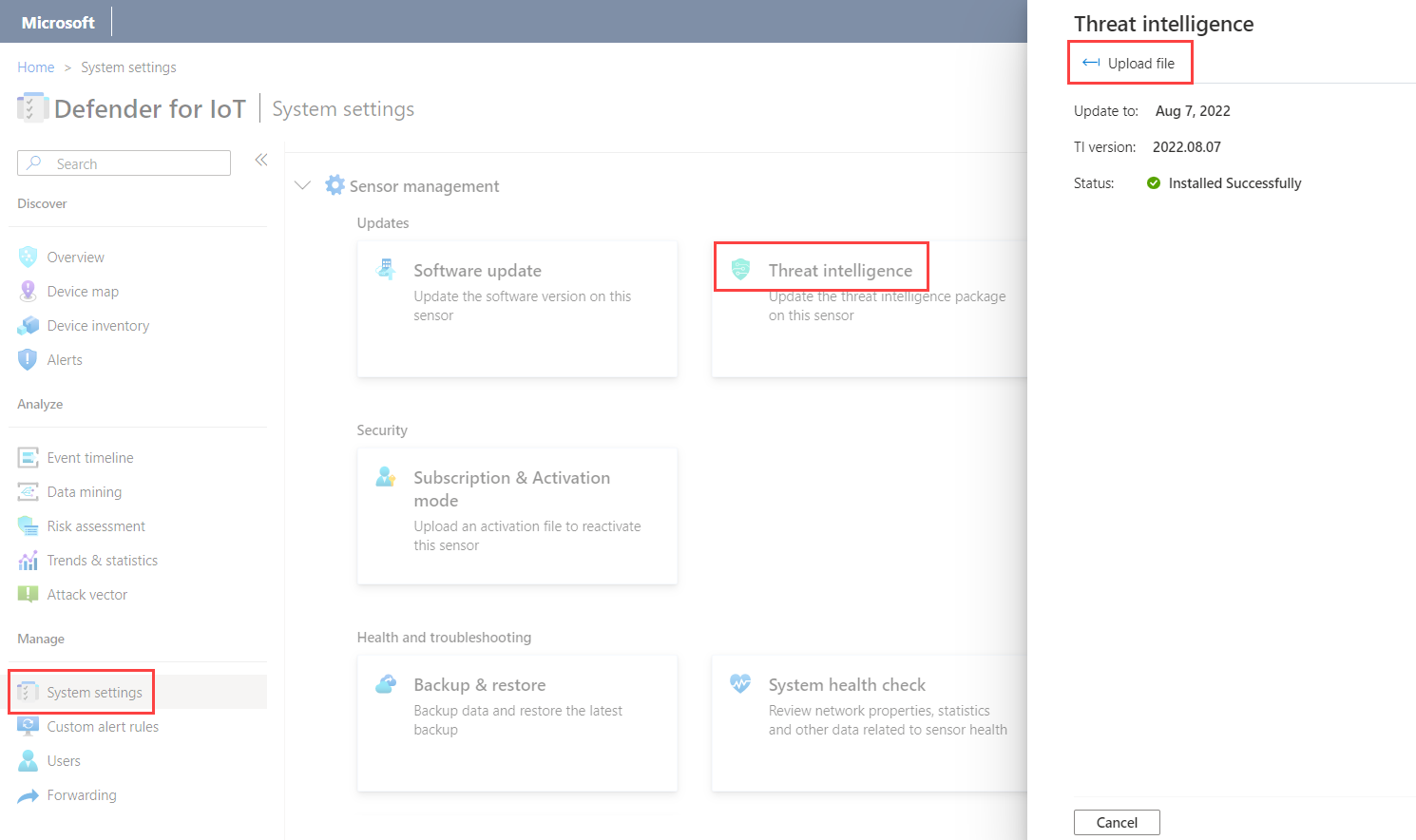 Screenshot of where you can upload Threat Intelligence package to a single sensor.