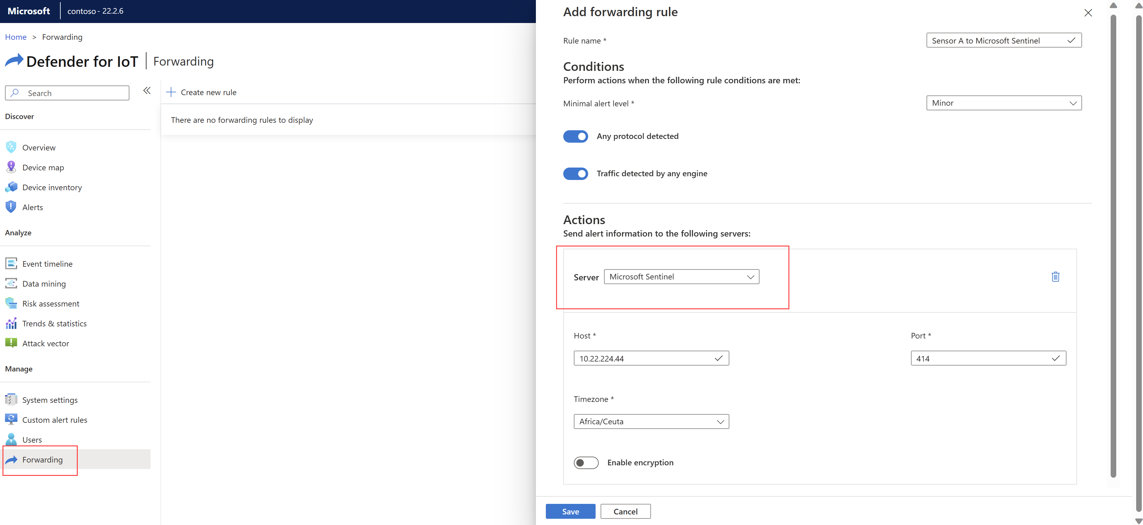 Screenshot of the Microsoft Sentinel option from the OT sensor.