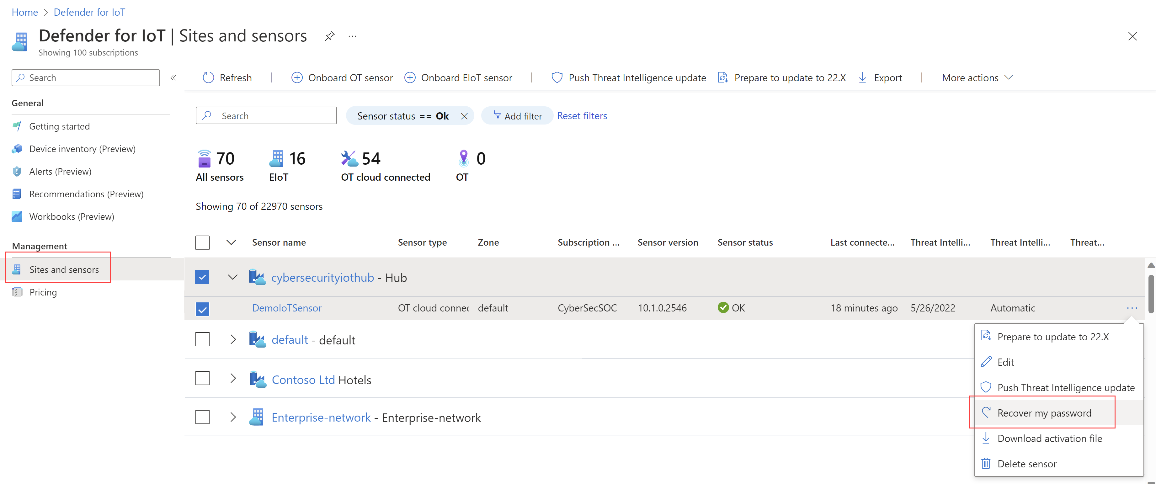 Screenshot of the Recover my password option on the Sites and sensors page.