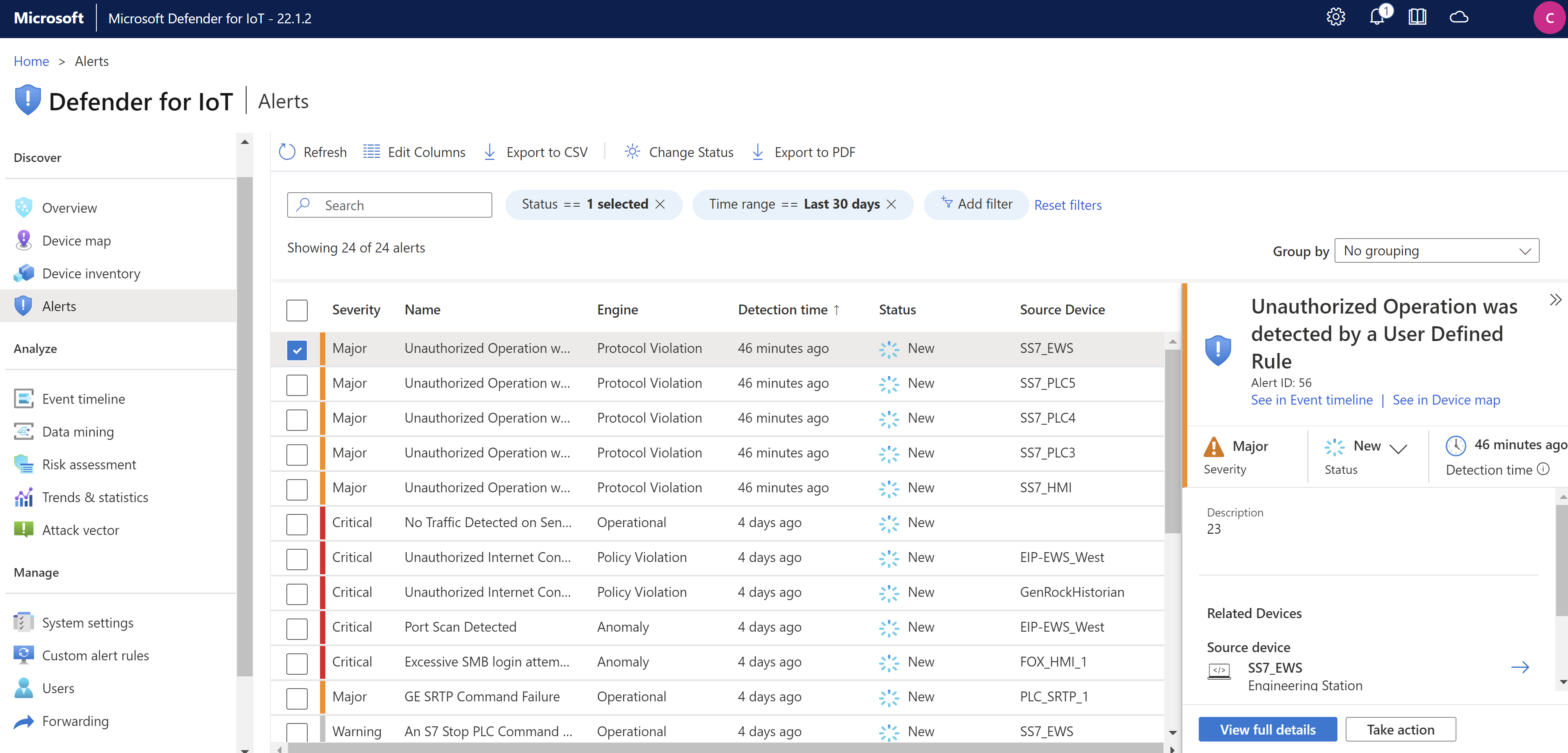 Screenshot of the new Alerts page on the sensor console.