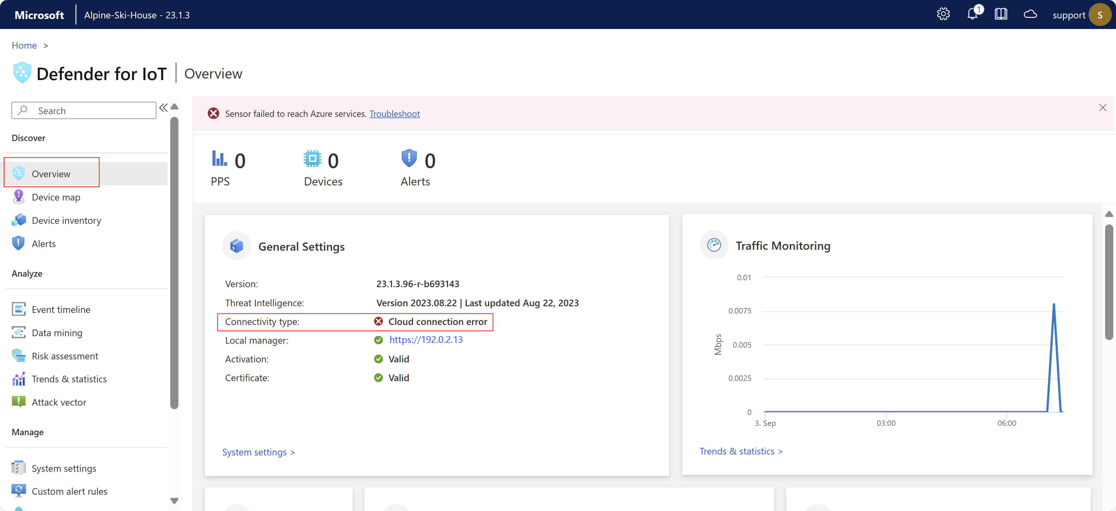 Screenshot of a connectivity error on the Overview page.