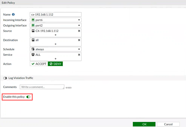 Screenshot of the FortiGate IPv4 Policy Edit view.