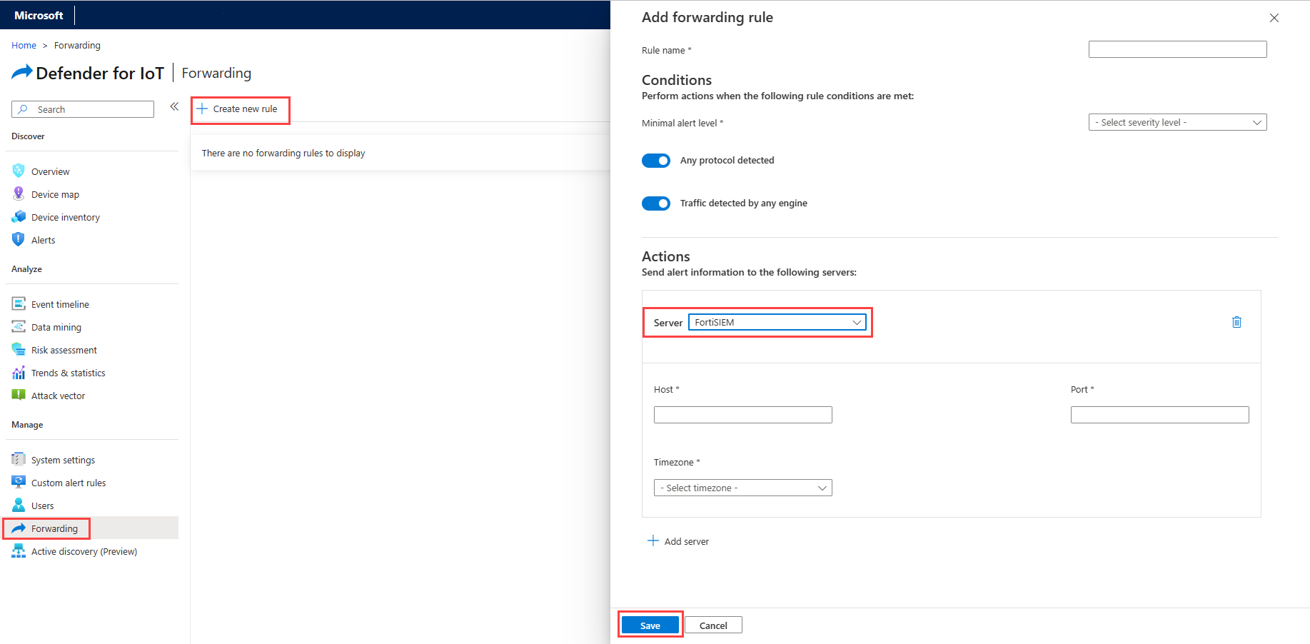 Screenshot of the view of your forwarding rules in the Forwarding window.