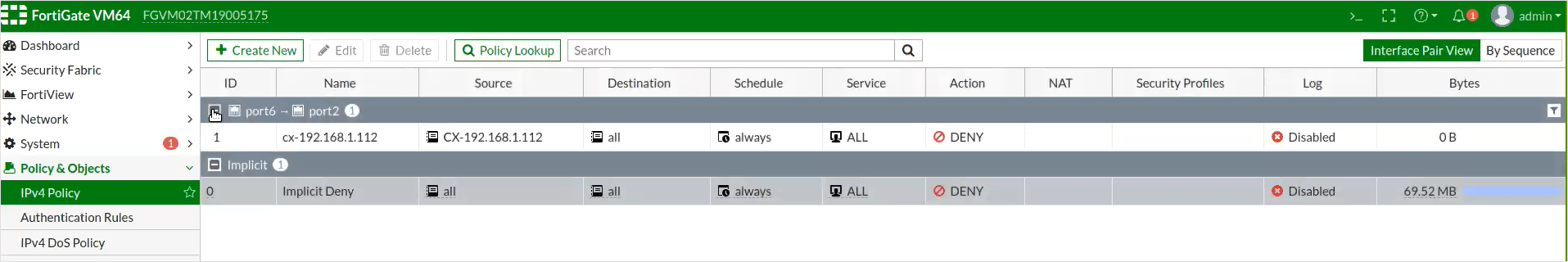 Screenshot of the FortiGate IPv4 Policy window view.