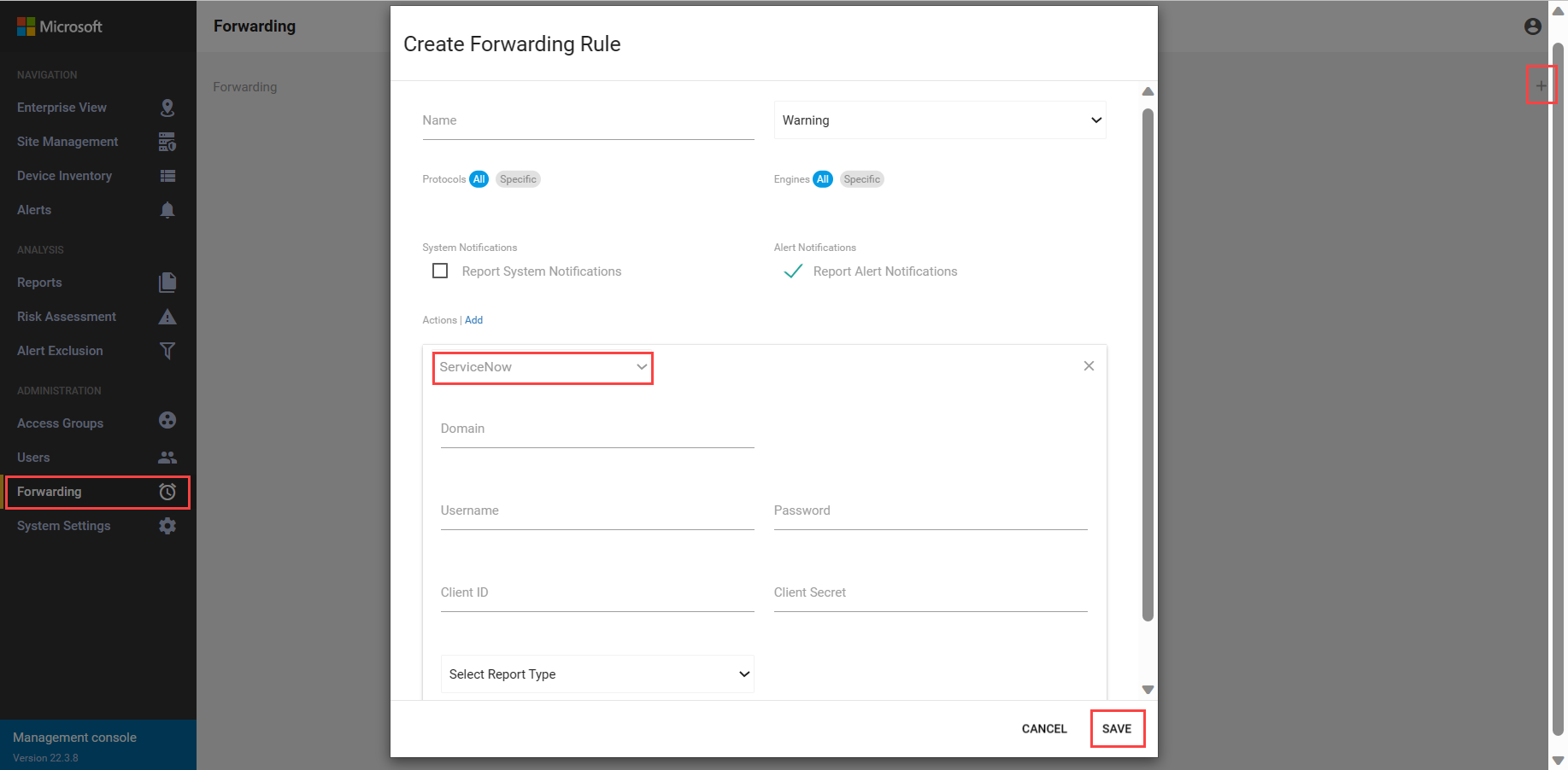 Screenshot of the Create Forwarding Rule window.