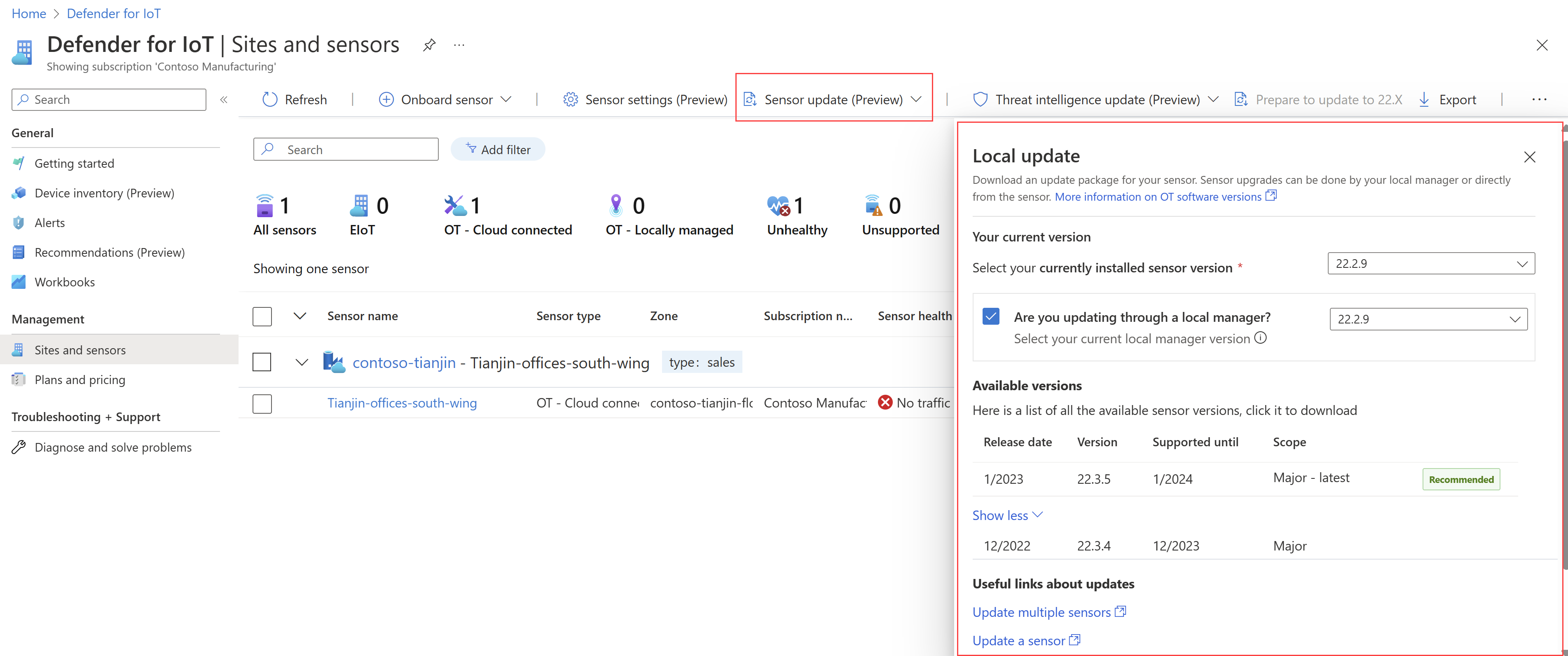 Screenshot of the new Local update pane on the Sites and sensors page.