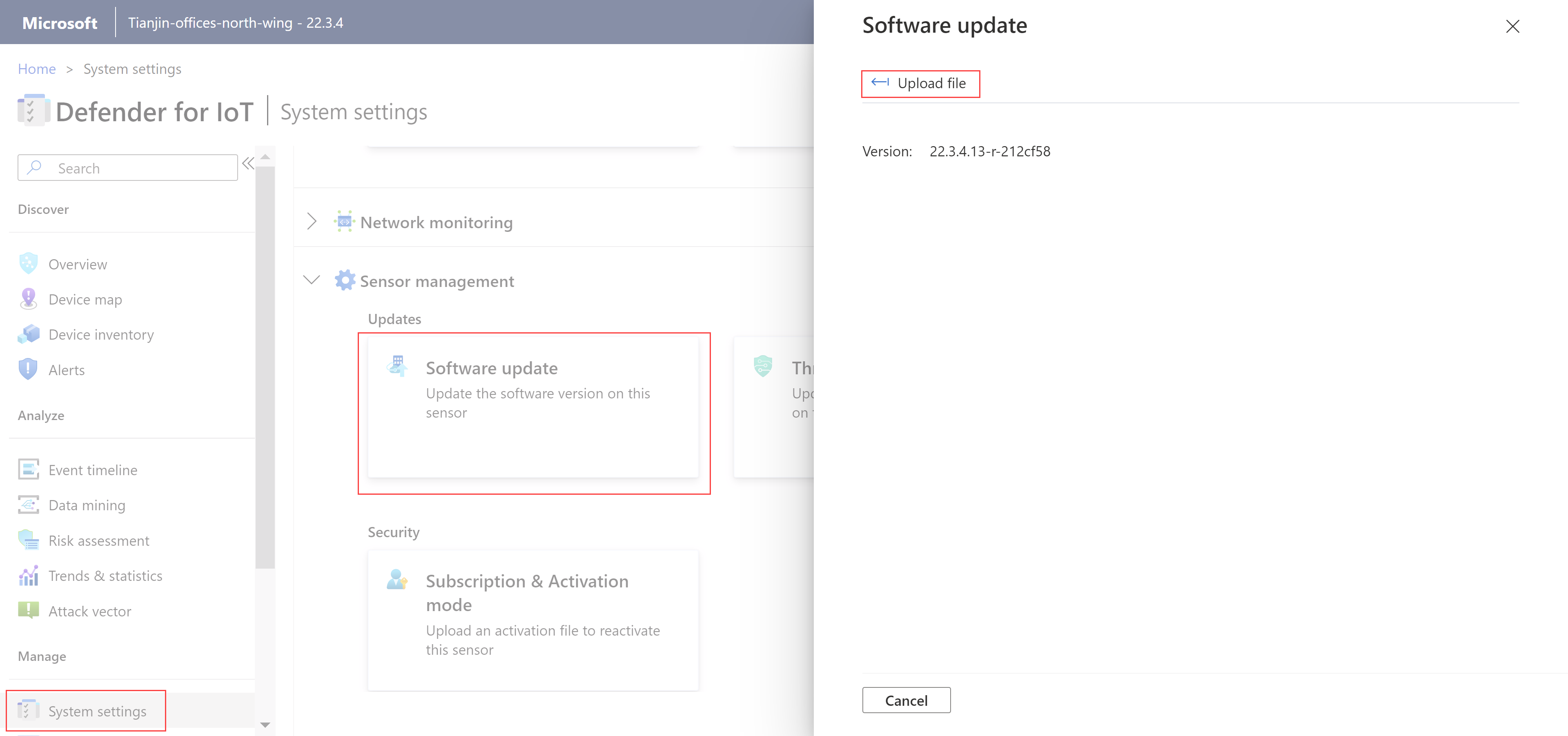 Screenshot of the Software update pane on the OT sensor.