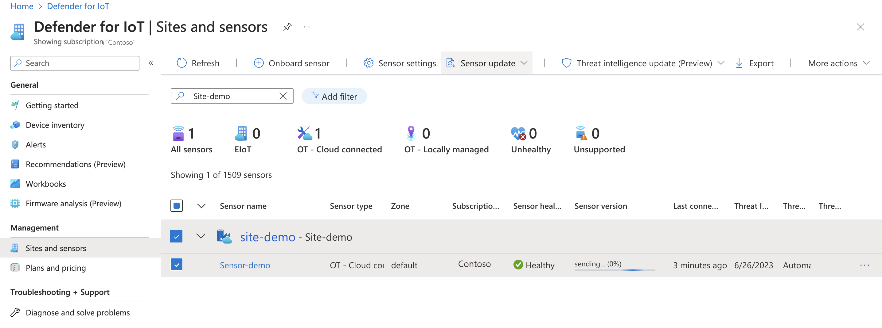 Screenshot of the update bar in the Sensor version column.
