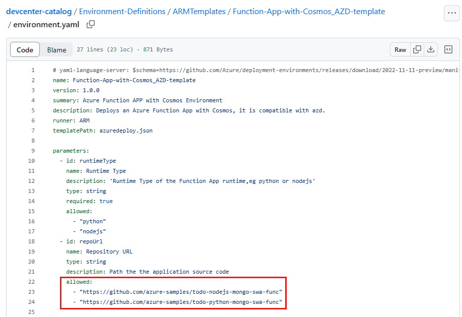 Screenshot of GitHub repository, showing the environment.yaml file with source templates highlighted.