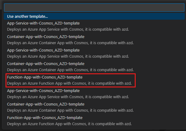 Screenshot of the Visual Studio Code command palette with a list of templates, Function App highlighted.