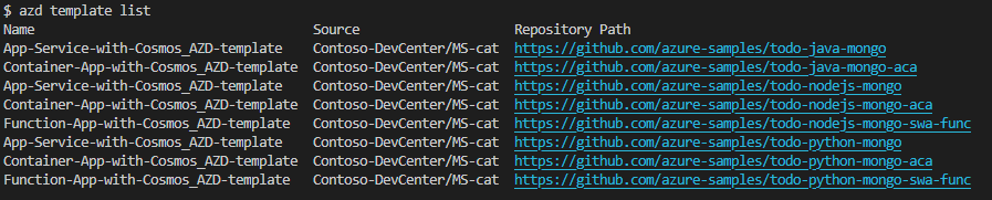 Screenshot of the Azure Developer terminal, showing the templates available.