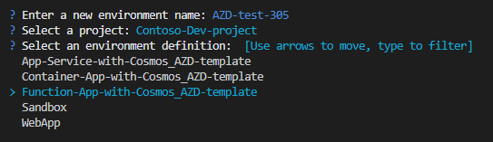 Screenshot of the Azure Developer terminal, showing prompt to select an environment definition.