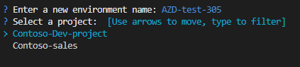 Screenshot of the Azure Developer terminal, showing prompt to select a project.
