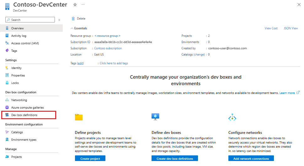 Screenshot that shows the dev center overview page and the menu option for dev box definitions.