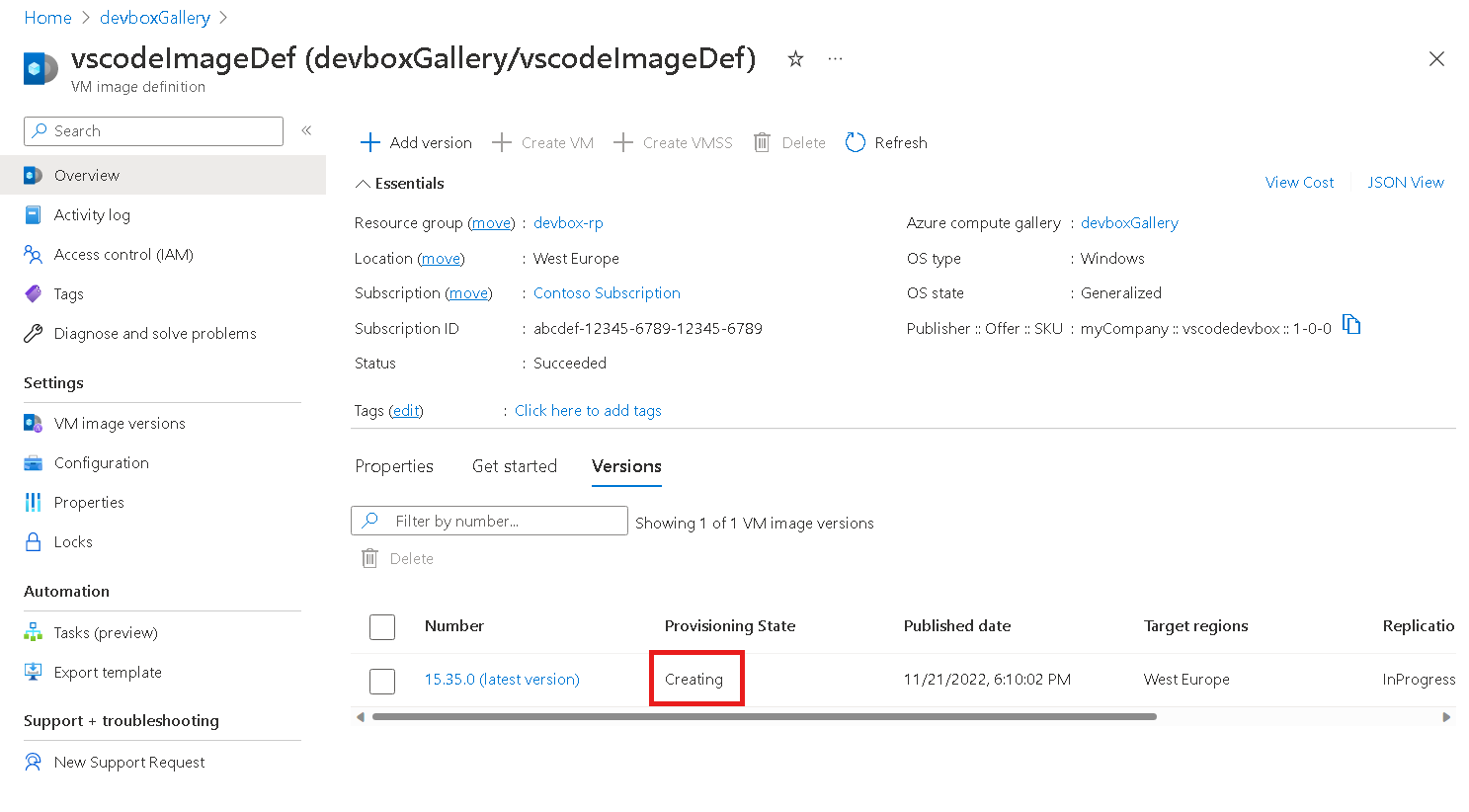 Screenshot that shows the provisioning state of the customized image version.
