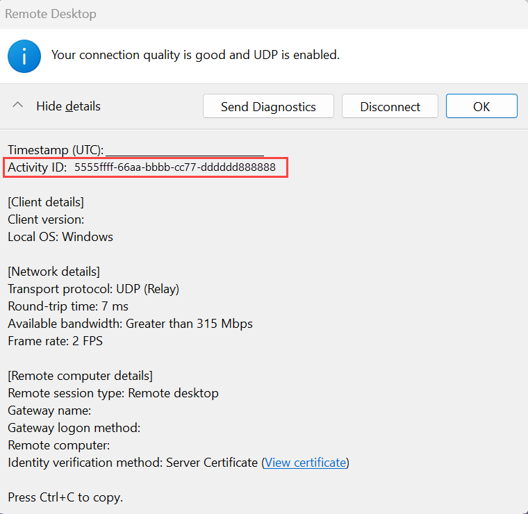 Screenshot that shows the Troubleshooting connection information dialog box.