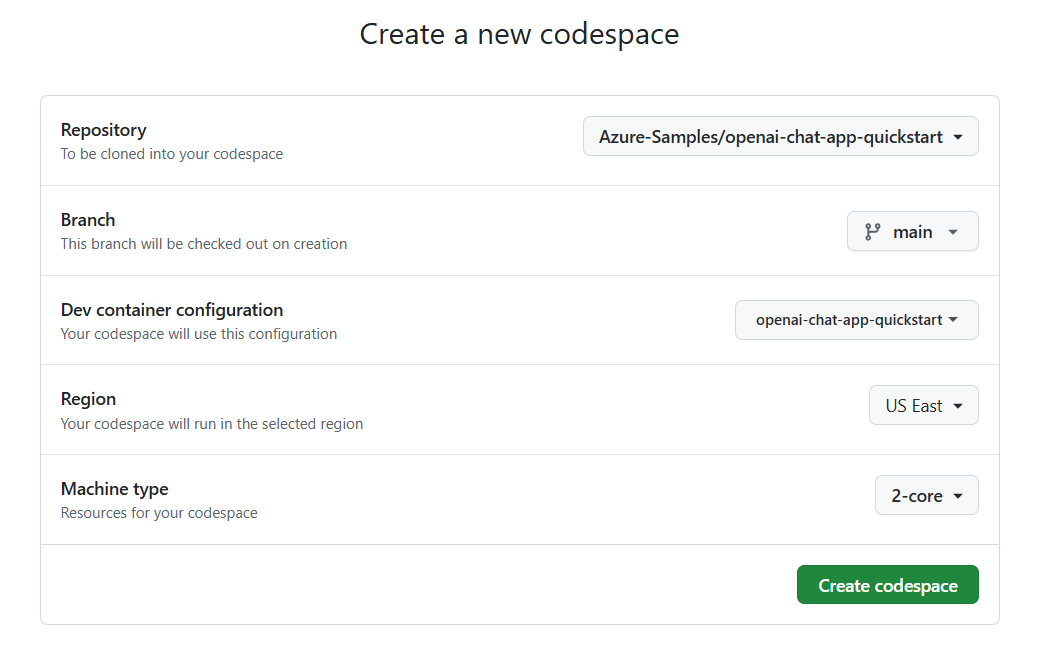 Screenshot of the confirmation screen before creating a new codespace.